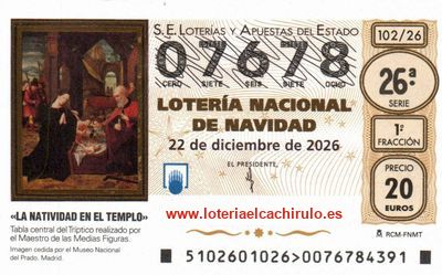 Anverso del d&eacute;cimo 07678 de la Loter&iacute;a de Navidad 2026, de Huelva
